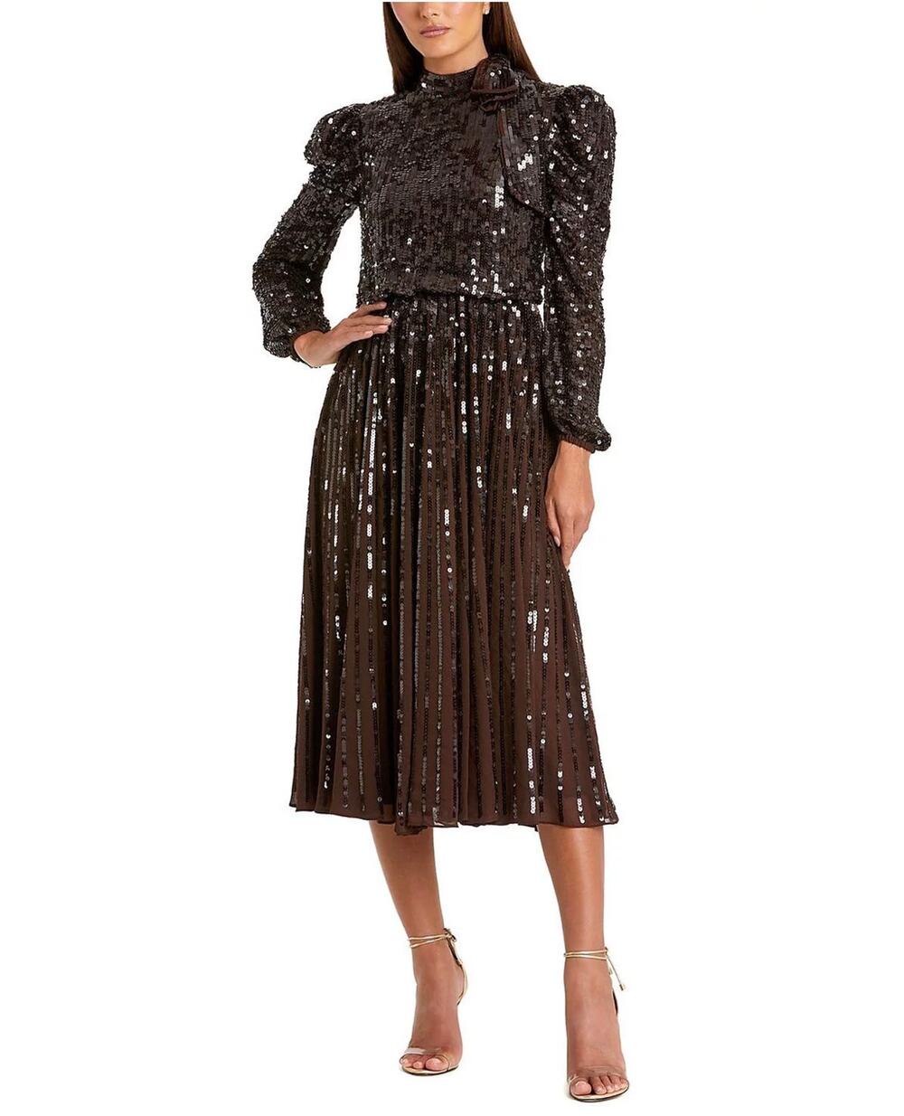 Mac Duggal 93642 Brown Cocktail Dress Sequined Long Sleeve Tie Neck Midi Size 14